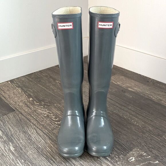 Hunter Gray Gloss Finish Tall Rain Boots Boho Country Western Nautical sz 7 - Picture 1 of 12